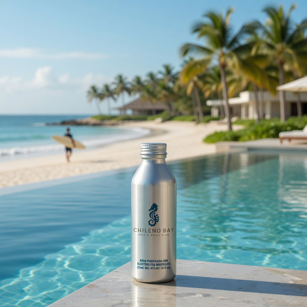 A branded Gaia Global bottle at the edge of a resort pool overlooking the ocean at Chileno Bay
