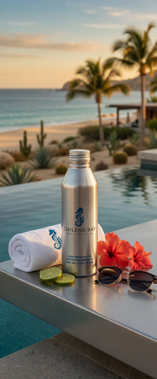A branded silver aluminum bottle on a metal table with rolled towels, limes and hibiscus flowers at a beach resort sunset
