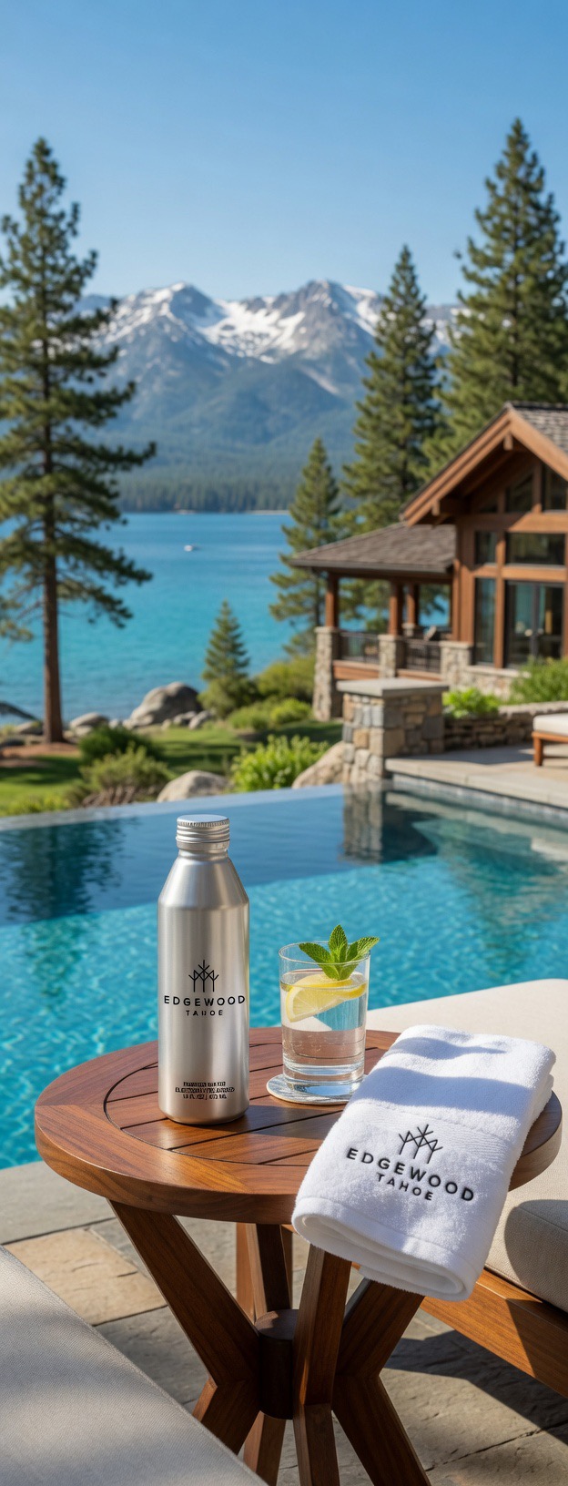 A branded silver aluminum bottle on a poolside table at a lakeside mountain resort