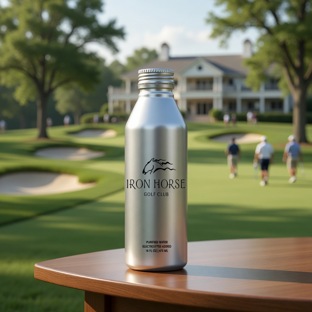 A branded silver aluminum bottle on a wooden table overlooking a golf course and clubhouse
