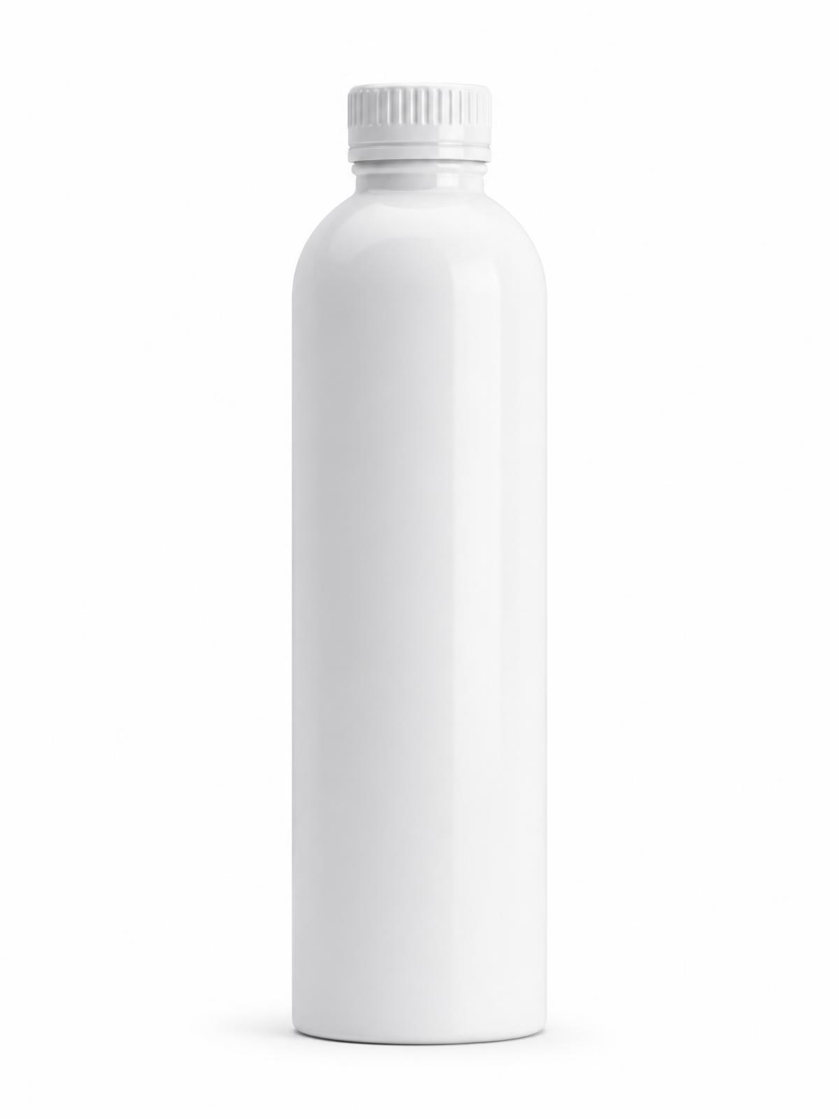 A blank slender white aluminum Trivium bottle on a white background