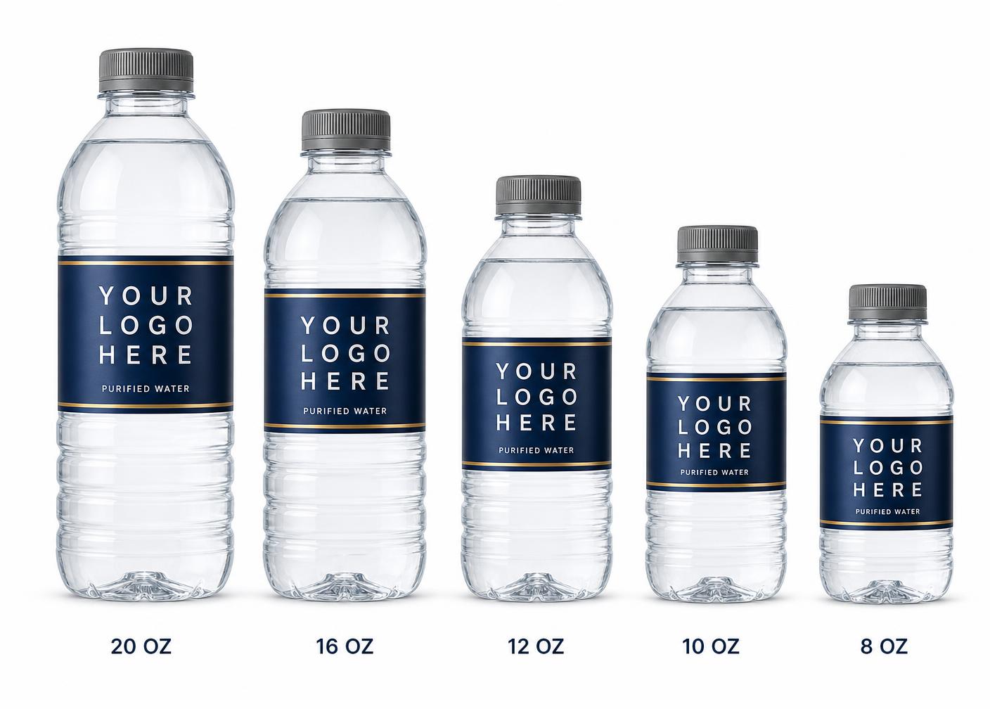 Clear plastic water bottles from 20oz down to 8oz, each wearing a navy “Your Logo Here” placeholder label