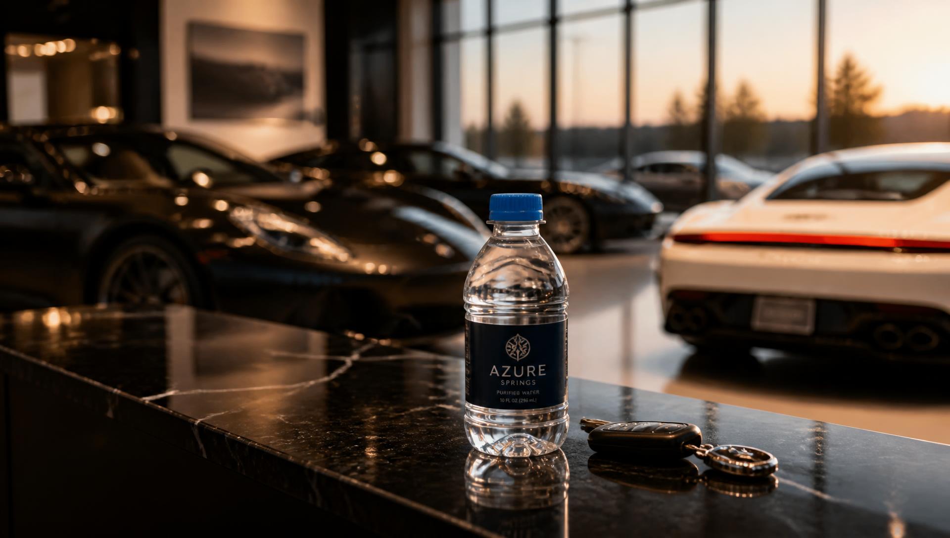 A small 10 oz clear private-label Plastic water bottle on a black marble counter in a luxury car dealership showroom
