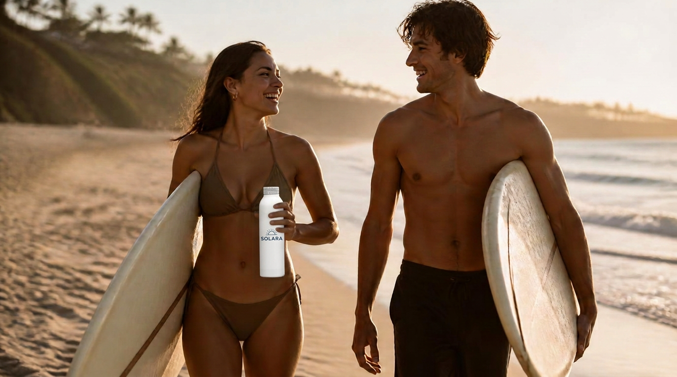 A surfer couple walking on the beach with a realistically scaled, direct-printed white Trivium aluminum bottle