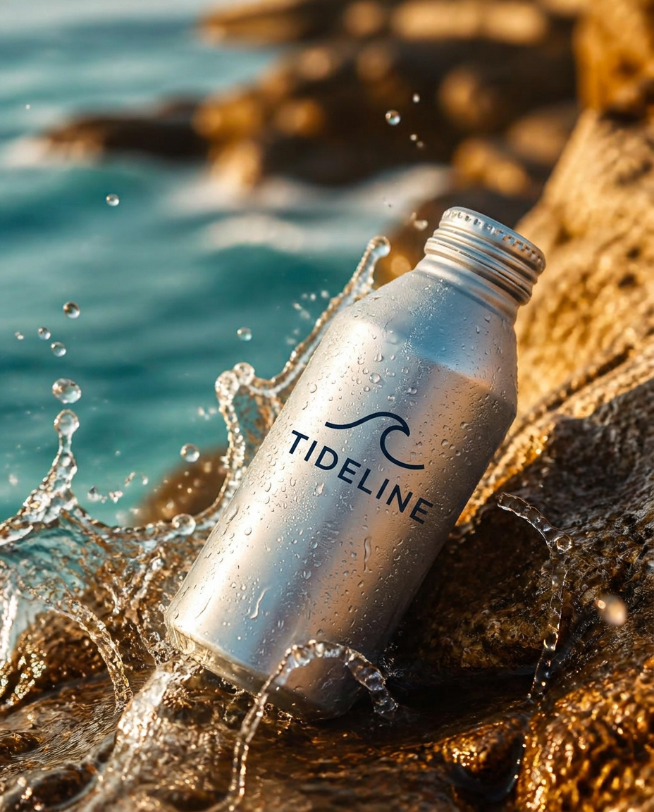 A correctly proportioned silver Alumitek aluminum bottle with fictional direct-print branding among splashing coastal rocks
