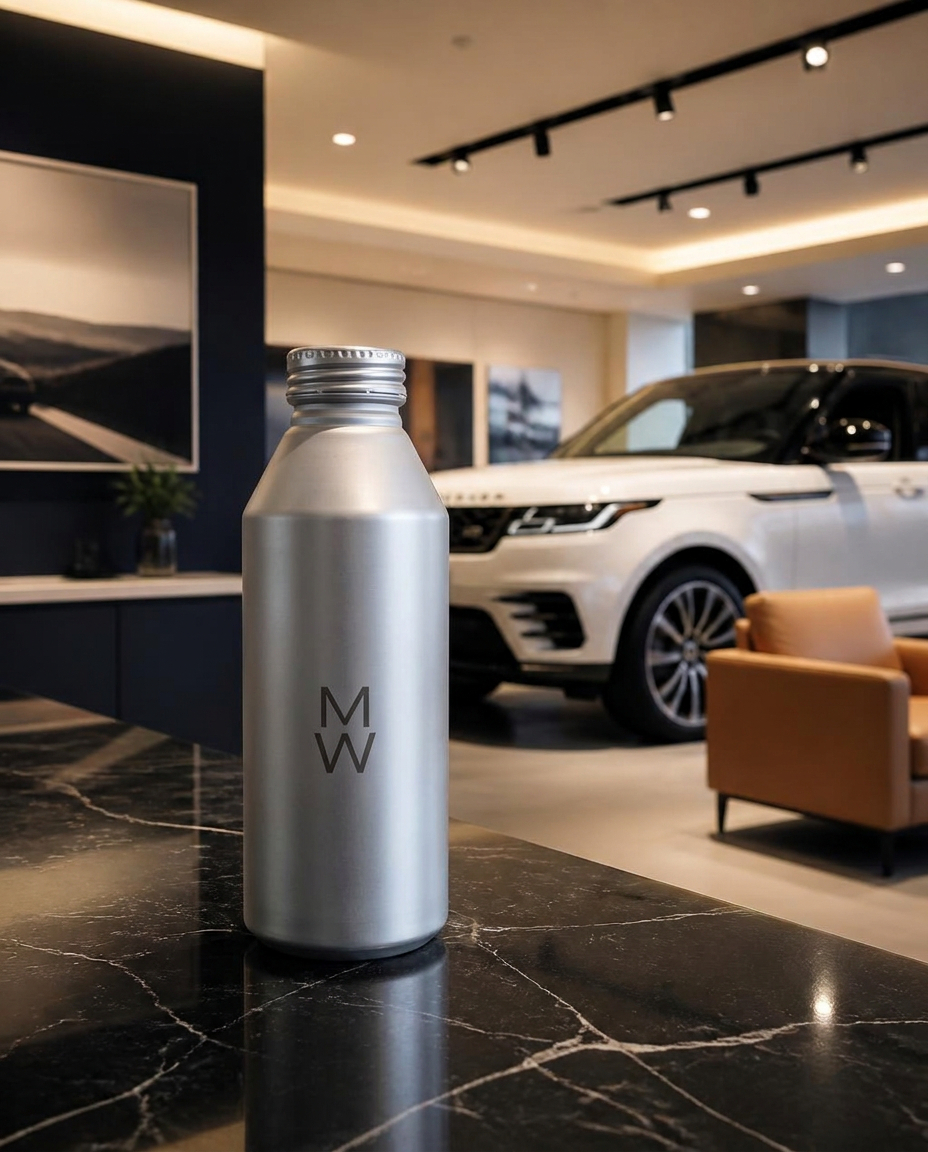 A short silver Alumitek aluminum bottle on black marble in a luxury car dealership showroom
