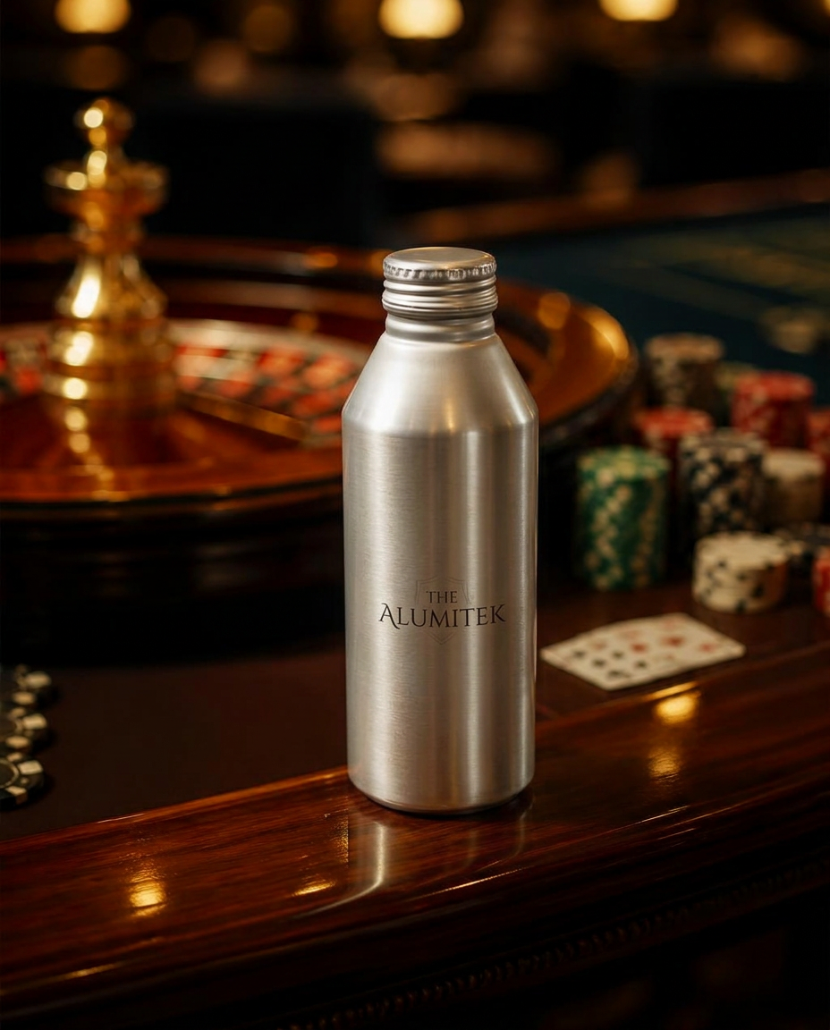 A short silver Alumitek aluminum bottle at a casino gaming table with a roulette wheel and chips