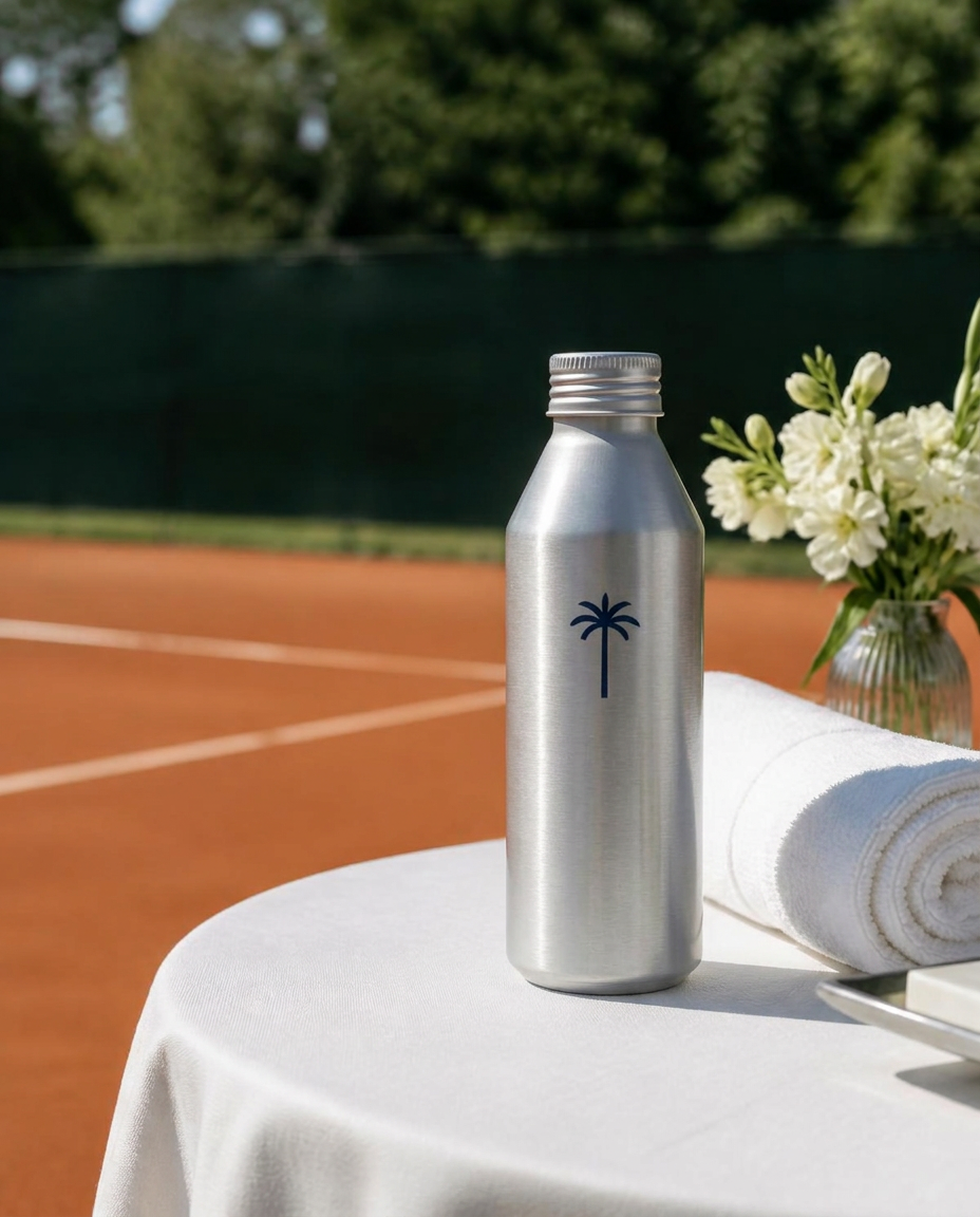 A short silver Alumitek aluminum bottle beside a clay tennis court