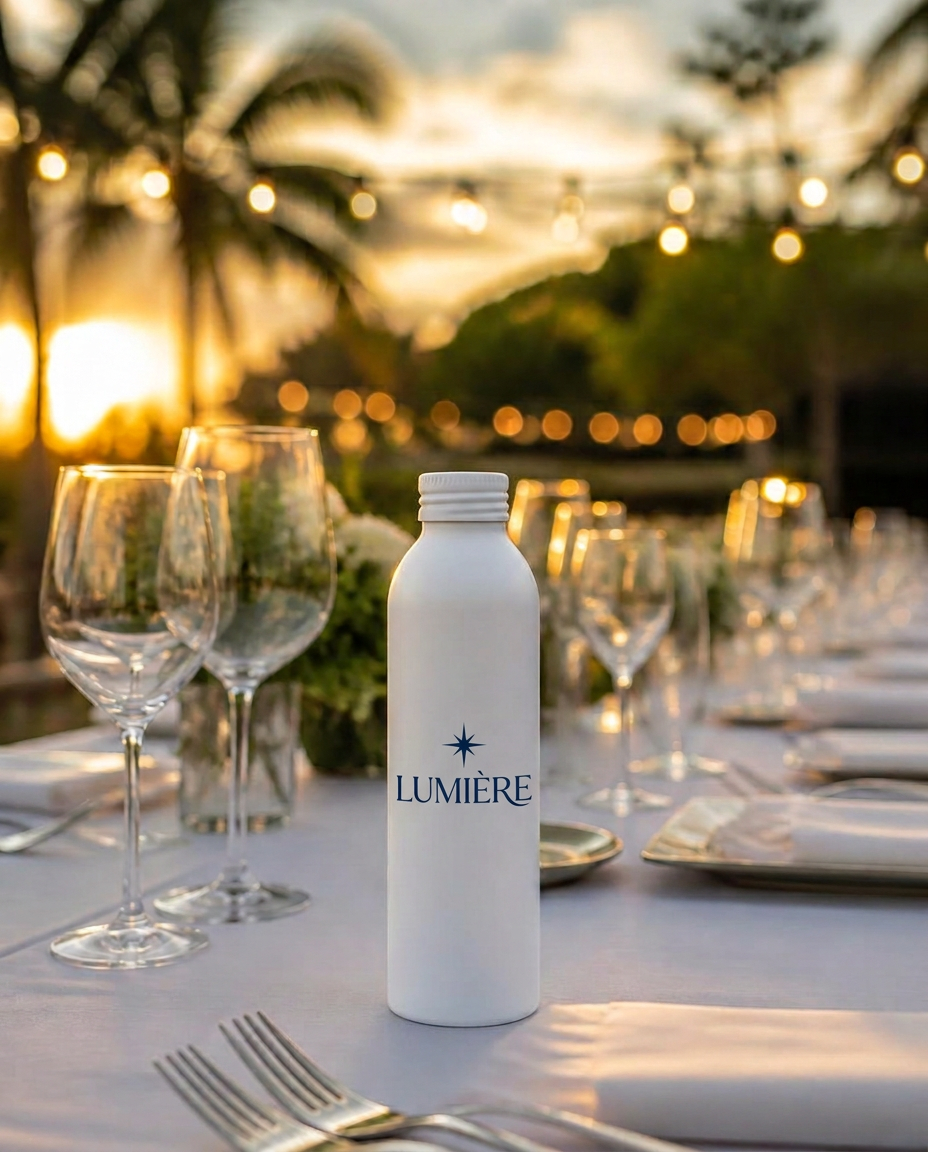 A tall slender white Trivium aluminum bottle on an elegant event table at sunset