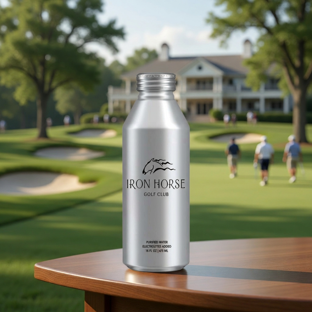 A short silver Alumitek aluminum bottle overlooking a golf course and clubhouse