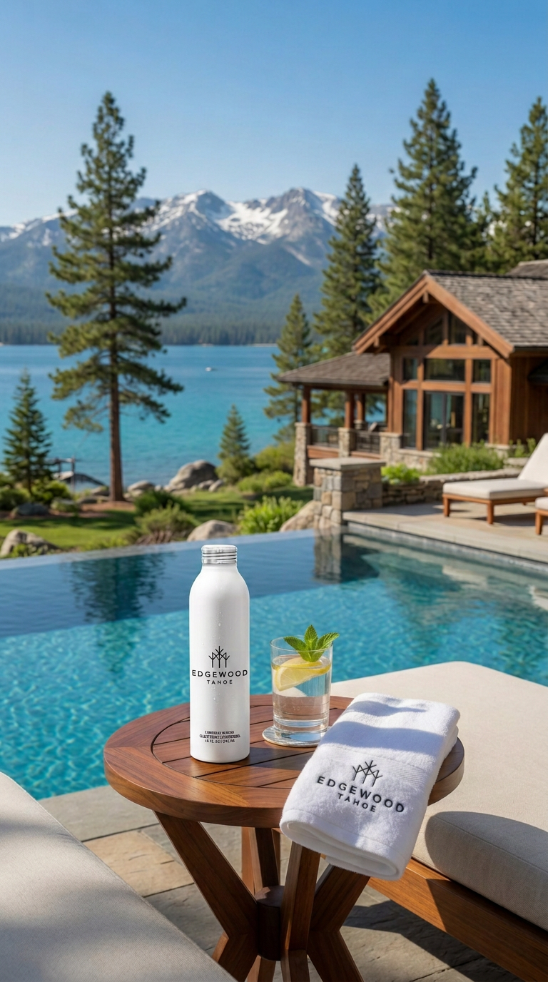 A tall slender white Trivium aluminum bottle on a poolside table at a lakeside mountain resort