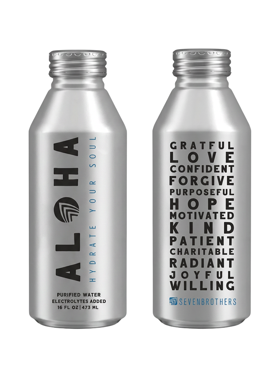 Real direct-printed Aloha and Seven Brothers aluminum water bottles