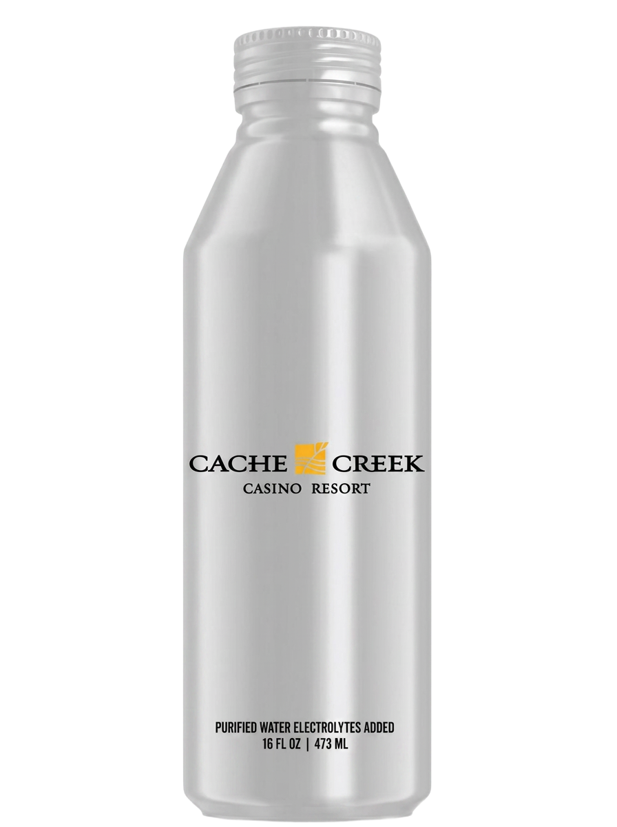 A real direct-printed Cache Creek Casino Resort aluminum water bottle