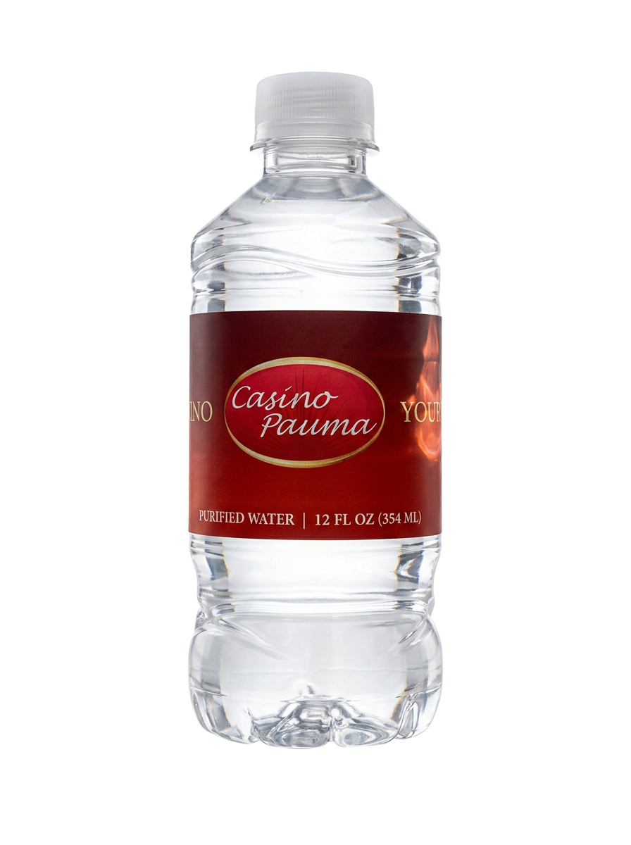 A real Casino Pauma private-label plastic water bottle
