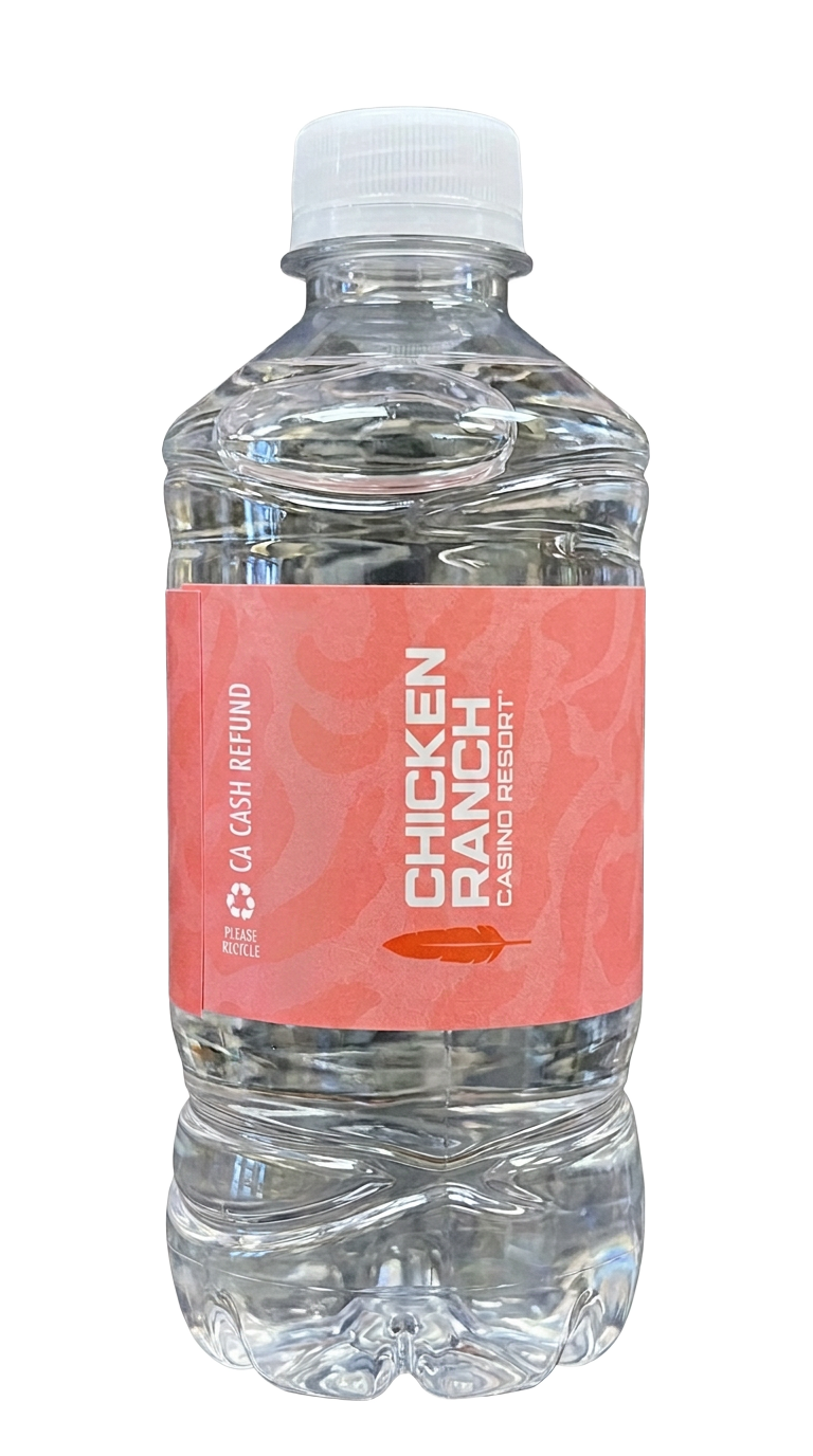 A real Chicken Ranch Casino Resort private-label plastic water bottle