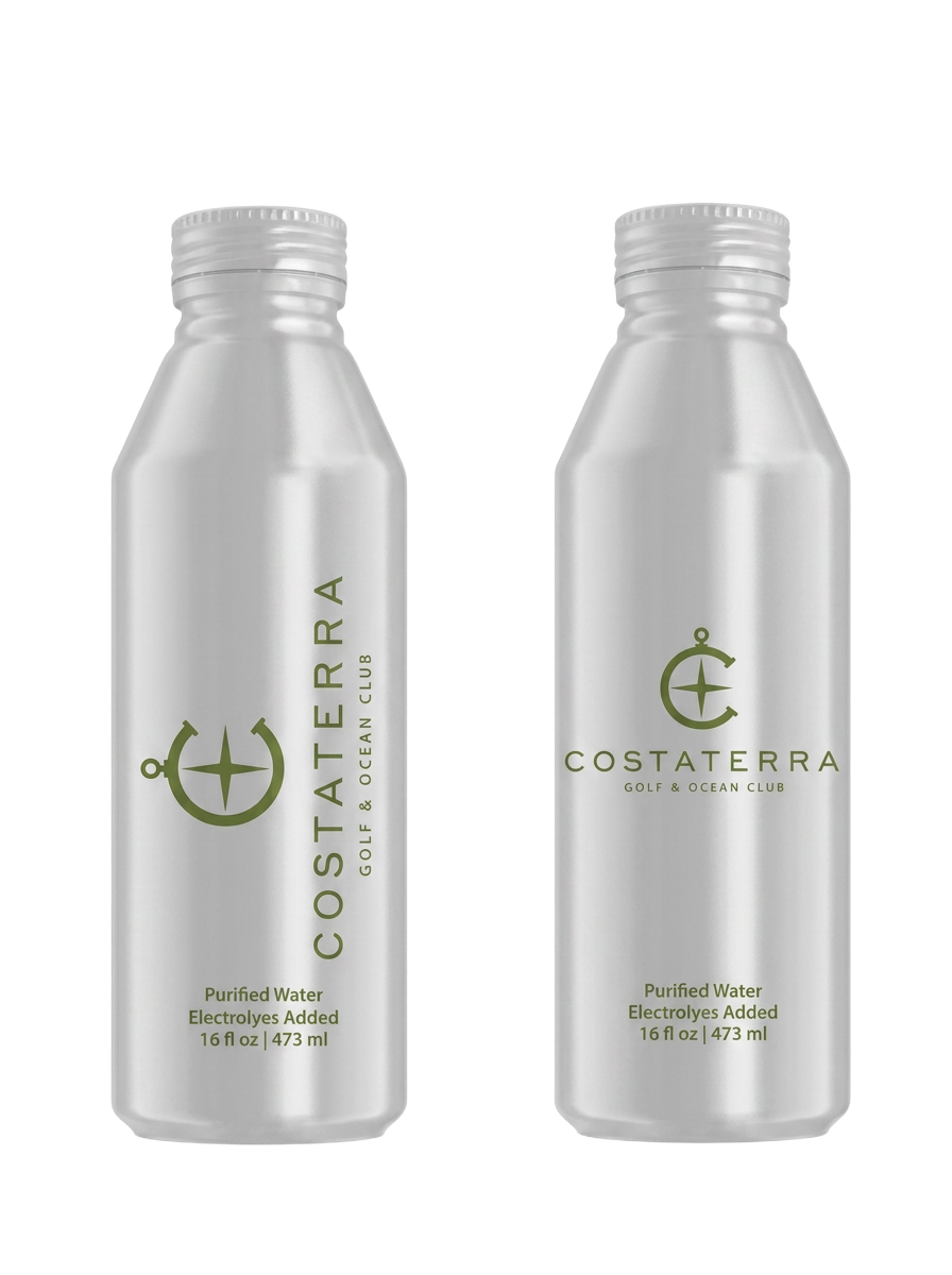 Two real direct-printed CostaTerra aluminum water bottles