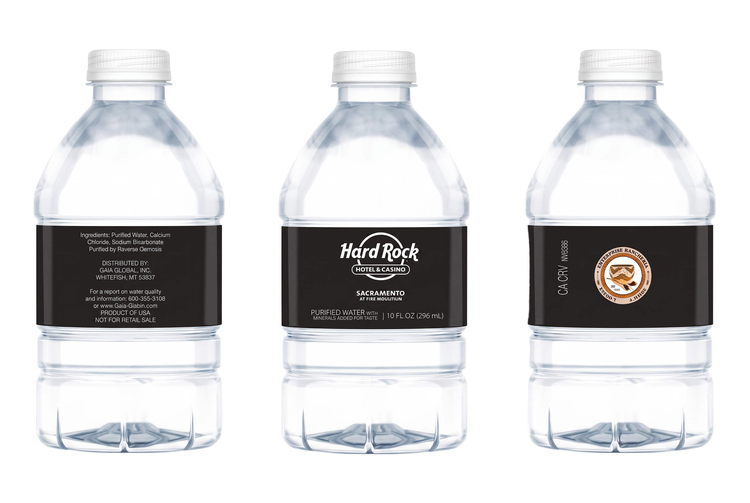 Three isolated Hard Rock Hotel and Casino private-label plastic water bottles