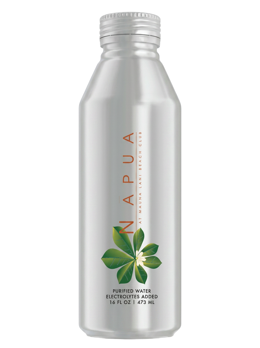A real direct-printed Napua aluminum water bottle