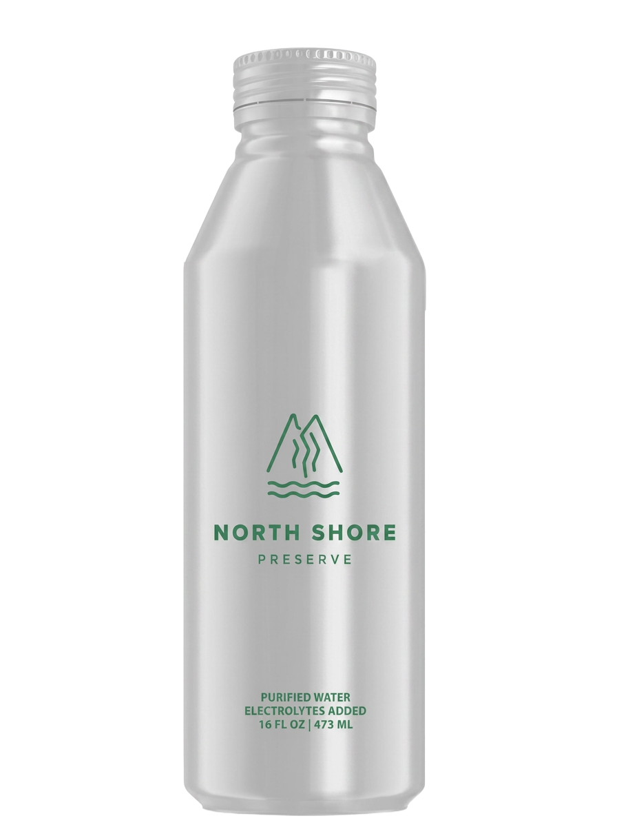 A real direct-printed North Shore Preserve aluminum water bottle