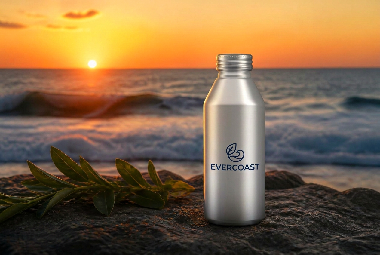 A correctly proportioned silver Alumitek aluminum bottle with fictional direct-print branding on coastal rocks at sunset
